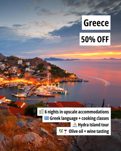 This image ad promotes a travel package to Greece with a 50% discount, including upscale accommodations, language and co