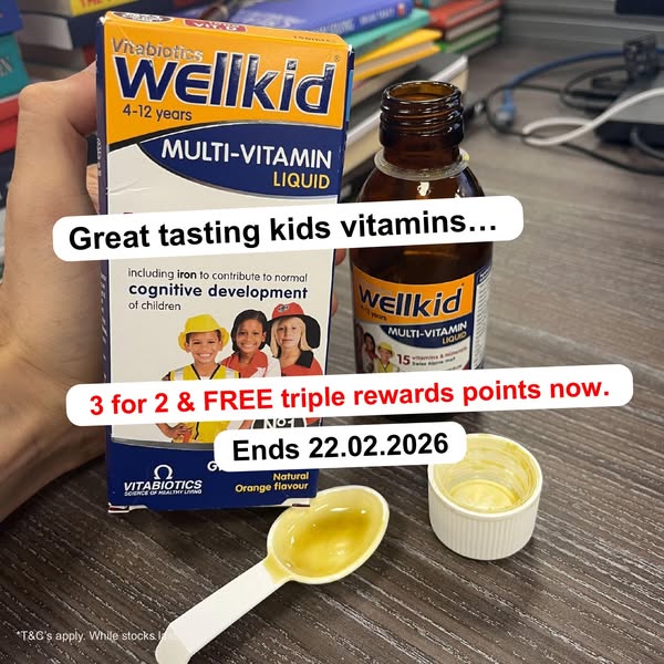 The ad features Wellkid Multi-Vitamin Liquid with a limited-time offer. The ad emphasizes the vitamin's great taste 