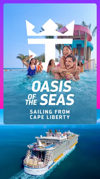 This image ad for Royal Caribbean features a group of people enjoying a pool on the Oasis of the Seas cruise ship. The a