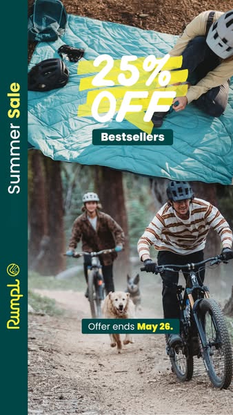 This image ad for Rumpl features a split-screen design. The top portion displays a quilted blanket spread outdoors with 