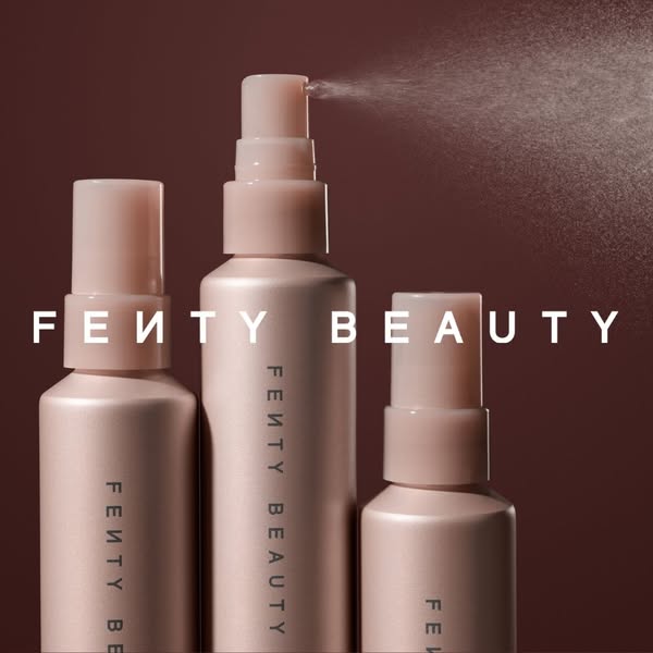 This ad showcases Fenty Beauty's setting spray product line. The image features the different sizes available, with 