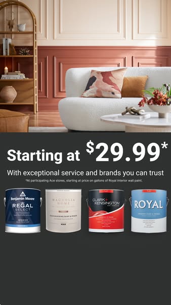 This ad promotes interior wall paint with a starting price of $29.99 at participating Ace stores. It features various br