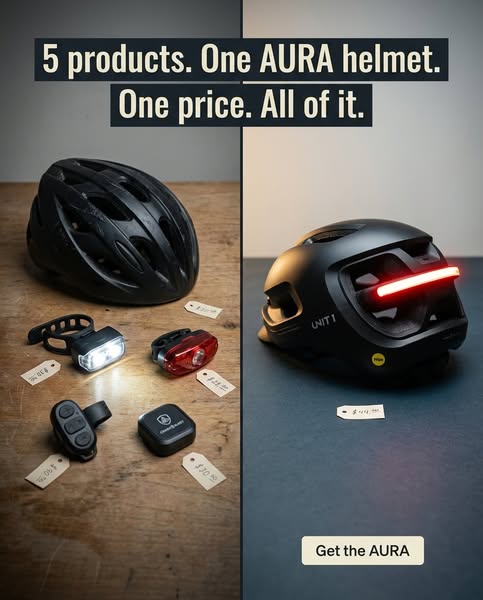This image ad presents a collection of cycling accessories alongside the AURA helmet from UNIT 1, emphasizing the compre