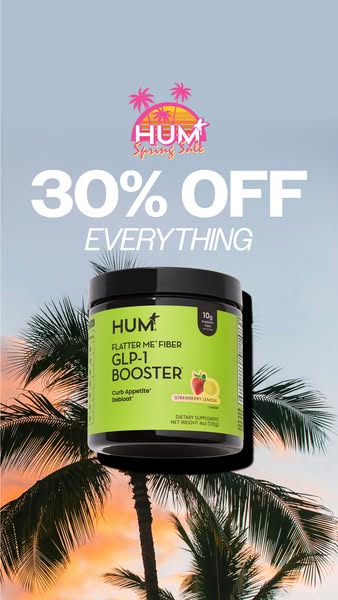 An image ad promoting HUM products at 30% off during their spring sale. The product shown is HUM Flatter Me Fiber GLP-1 