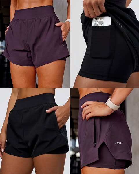 A four-quadrant image showcasing LSXD athletic shorts in black and purple. The image highlights the shorts' pockets,