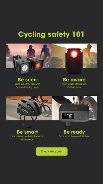 This carousel image ad promotes a variety of cycling safety gear, including daytime running lights, CarBack radar, WaveC