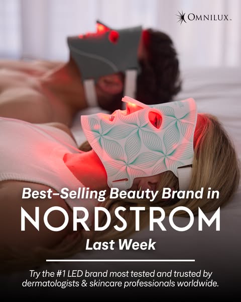 This ad shows an overhead shot of a couple wearing Omnilux LED face masks while lying in bed. The ad uses social proof b