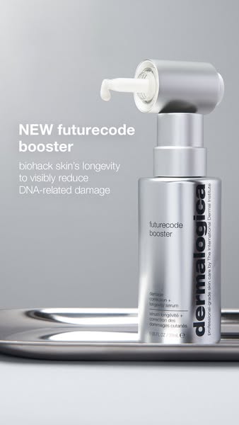 This ad features a single product, the futurecode booster from Dermalogica. It highlights the product's ability to b