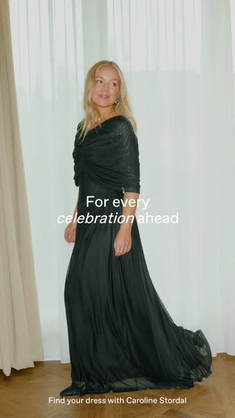 This image ad showcases a woman in an elegant black dress, promoting a selection of dresses for celebrations. The ad fea
