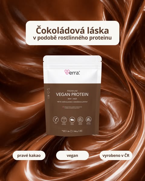 This ad showcases Verra's Premium Vegan Protein in chocolate flavor. The ad highlights the protein powder as a delig