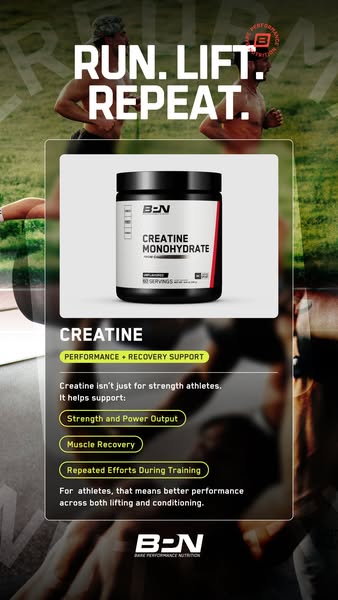 The ad promotes BPN's creatine supplement by highlighting its benefits for athletes, including strength, power outpu