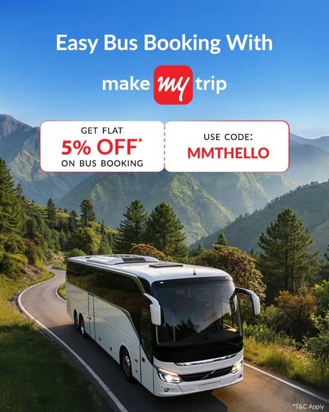 The image ad promotes easy bus booking with Make My Trip, offering a 5% discount and using the code MMTHELLO.