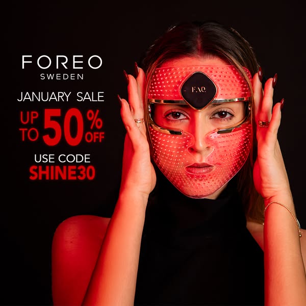 This ad promotes the Foreo FAQ 201 LED mask with a January sale offering up to 50% off using code SHINE30.