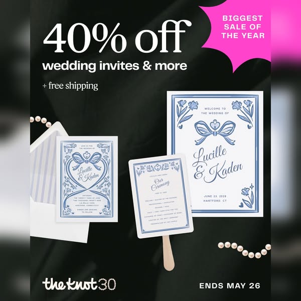 Image ad for The Knot, advertising 40% off wedding invites and more plus free shipping with an end date of May 26.