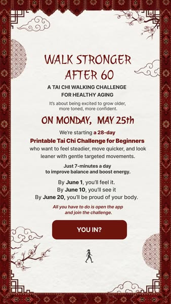 This ad promotes a 28-day printable Tai Chi challenge for beginners, starting on Monday, May 25th. It emphasizes improve