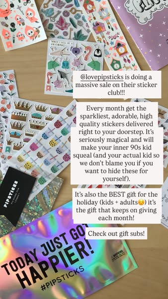 This ad promotes Pipsticks sticker club subscription with a focus on it being a great holiday gift for both kids and adu
