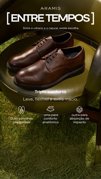 This image ad for Aramis features a pair of brown leather dress shoes on a green chair. The ad copy focuses on the comfo