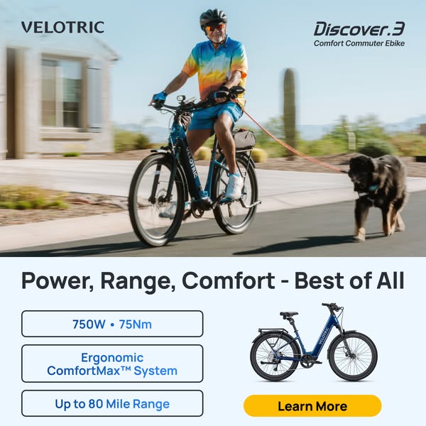 This image ad showcases the Velotric Discover.3 Comfort Commuter Ebike. It highlights its power, range, and comfort with