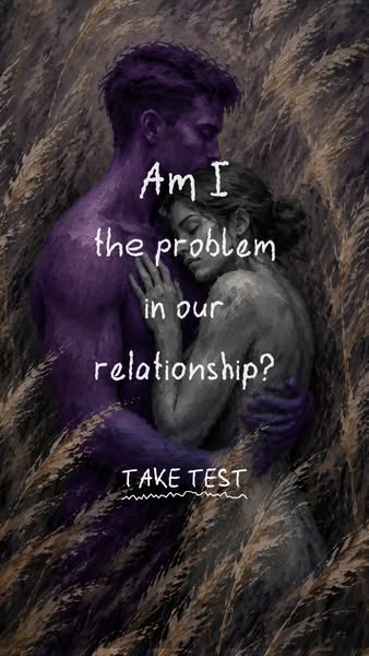 Image ad featuring two figures embracing surrounded by dry grass or wheat. The ad asks if the viewer is the problem in t