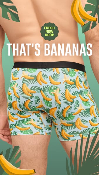 This image ad for men's underwear features a close-up shot of a man wearing boxer briefs with an all-over banana and