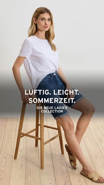 This image ad showcases a woman sitting on a stool, wearing a white top and denim shorts, presumably from the new ladies