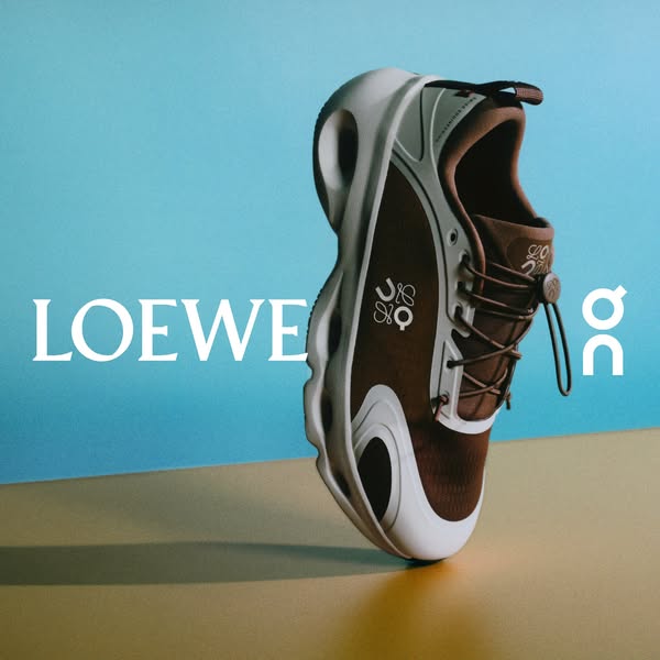 This ad features a floating On and Loewe sneaker against a blue background. The product is displayed with the On and Loe
