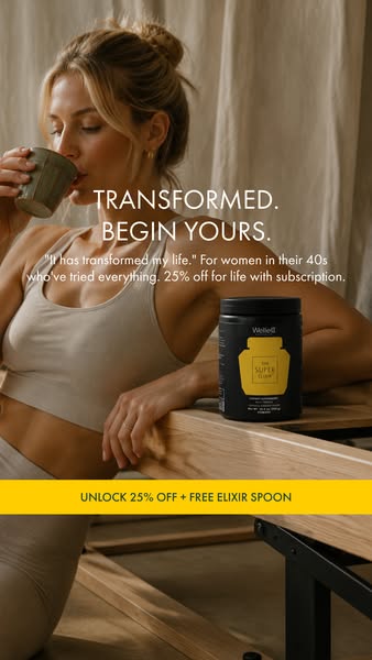 This ad promotes Wellell's Super Elixir with a testimonial focused on transformation. It highlights a subscription o
