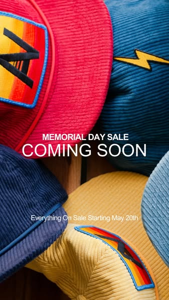 This image ad promotes an upcoming Memorial Day Sale. It features multiple corduroy hats in various colors with unique d