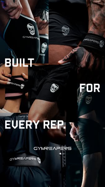 This ad for Gymreapers showcases their workout gear, including knee sleeves, wrist wraps, weightlifting belts, and shirt