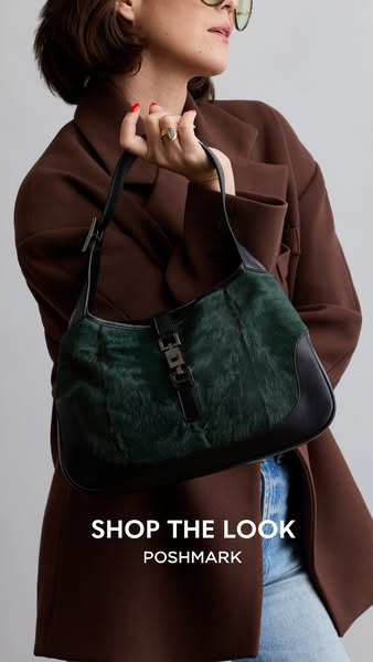 A lifestyle product showcase, with a model holding a handbag. The ad uses a direct CTA to prompt the viewer to shop the 