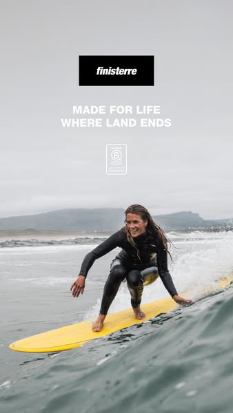 This image ad showcases the brand Finisterre and its commitment to sustainable outdoor apparel, featuring a surfer in a 