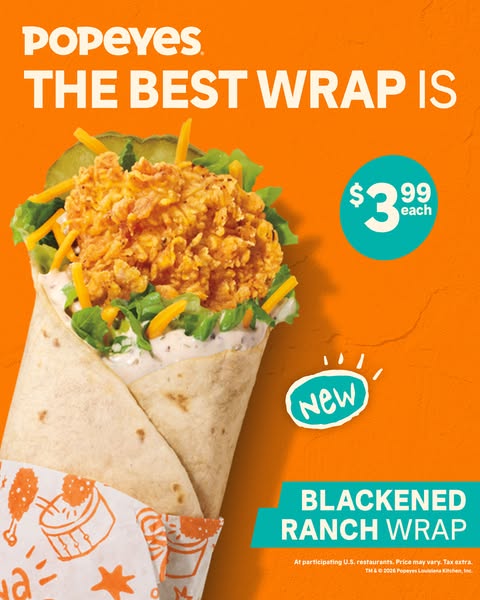 This ad showcases the Blackened Ranch Wrap from Popeyes with a bright, eye-catching design. The focal point is a close-u