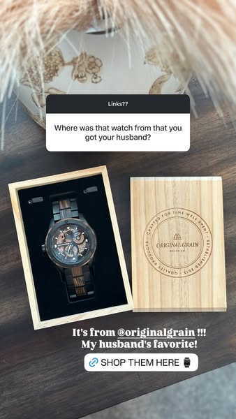 This ad features an Original Grain watch in its box, displayed next to its wooden packaging. The ad uses social proof by