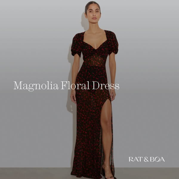 This ad showcases the Magnolia Floral Dress from Rat & Boa. The ad features a model wearing the dress against a neut