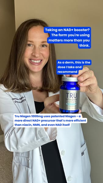 An ad featuring a dermatologist recommending Tru Niagen 1000mg as a more efficient NAD+ booster than other alternatives.
