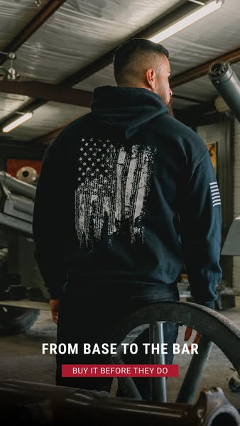 This ad features a man wearing a black hoodie with a distressed American flag design on the back. The ad encourages view