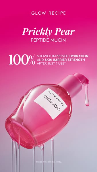 This ad for Glow Recipe's Prickly Pear Peptide Mucin highlights the product's ability to improve hydration and s