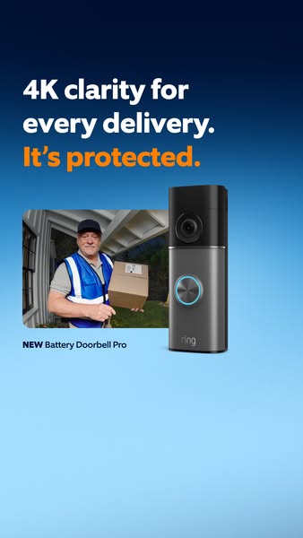 This ad promotes the Ring Battery Doorbell Pro, highlighting its 4K clarity for monitoring deliveries and ensuring prote