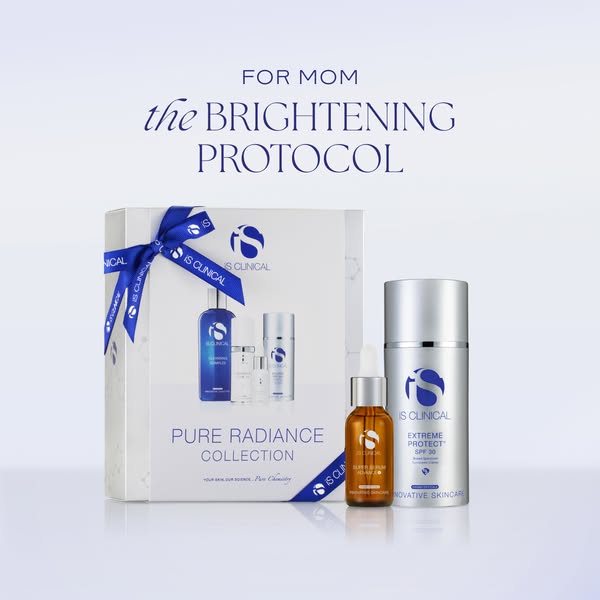 Image ad promoting IS Clinical's skincare products as a gift for moms, emphasizing their brightening and radiance-bo