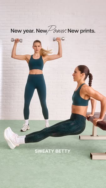 This image ad for Sweaty Betty features two women in workout gear, showcasing the brand's new prints and empowering 