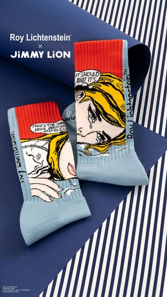 This ad features two socks that were designed in a collaboration between Roy Lichtenstein and Jimmy Lion. The socks are 