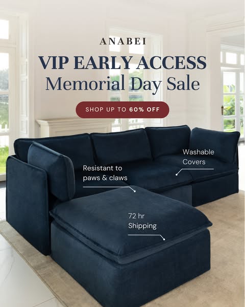 This ad showcases the Anabei couch and its special features such as washable covers, resistance to paws and claws, and 7