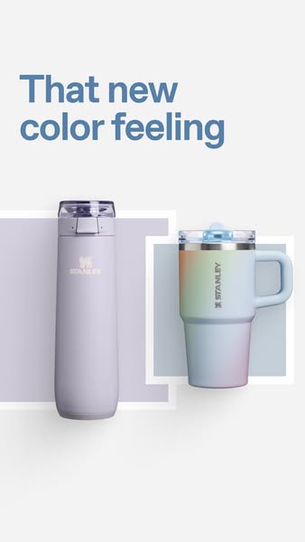 This ad showcases two different Stanley drinkware items in pastel colors, with the text "That new color feeling.&qu