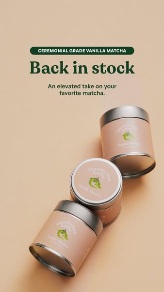 An image ad for Chamberlain Coffee Vanilla Matcha. The ad displays three closed tins of vanilla matcha against a light p