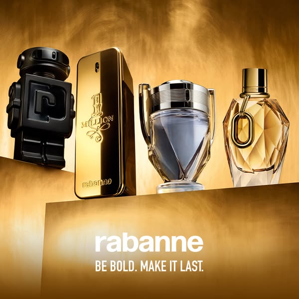 This ad showcases a selection of Paco Rabanne fragrances against a gold backdrop, emphasizing the brand's image of b
