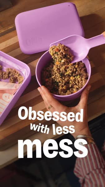 This ad showcases the Ollie pet food storage system, focusing on its ability to reduce mess during meal preparation. It 