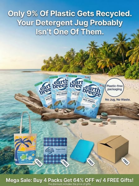 This image ad emphasizes the plastic waste problem and positions Earth Breeze laundry sheets as a plastic-free alternati