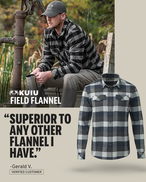 This ad features a testimonial from a verified customer about the KUIU Field Flannel. The ad shows a man wearing the fla