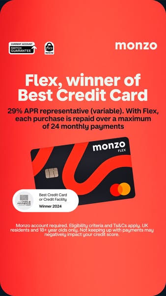 The ad promotes Monzo Flex, a credit card. The ad highlights the award that the product has won, mentions the APR, and e