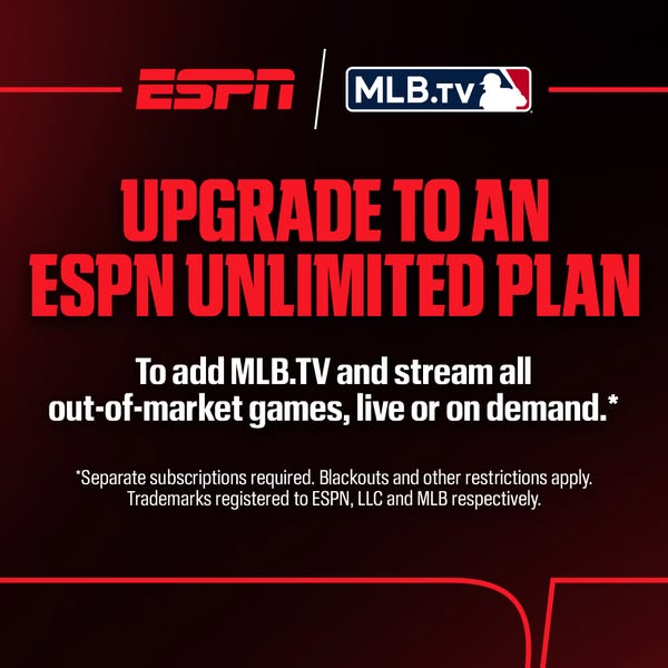 This image ad promotes upgrading to an ESPN Unlimited plan to add MLB.TV and stream out-of-market games. The ad features